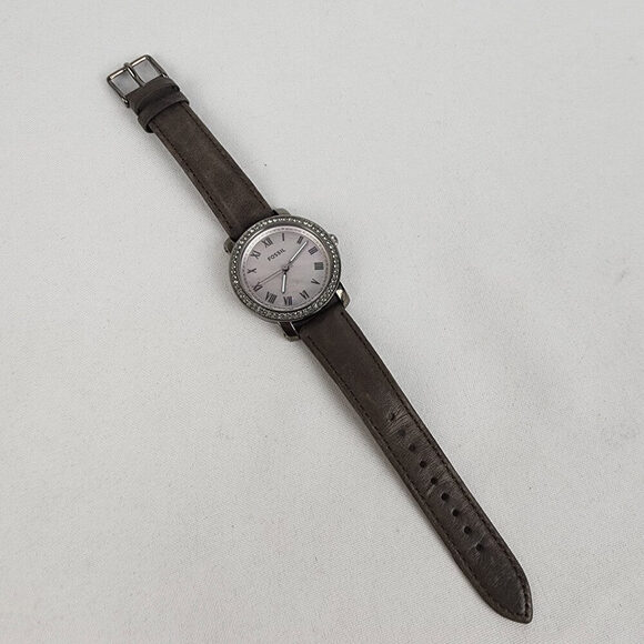 Fossil Mother of Pearl Roman Crystal Bezel Grey Leather Band Watch - Picture 2 of 8